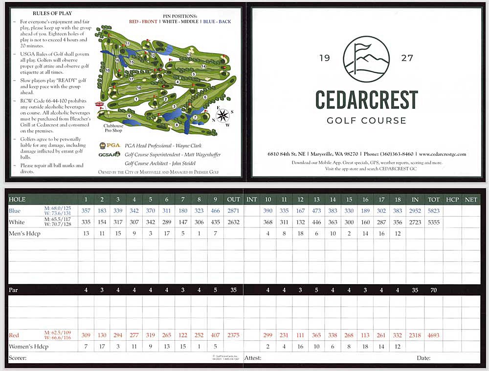 Cedarcrest Golf Course scorecard