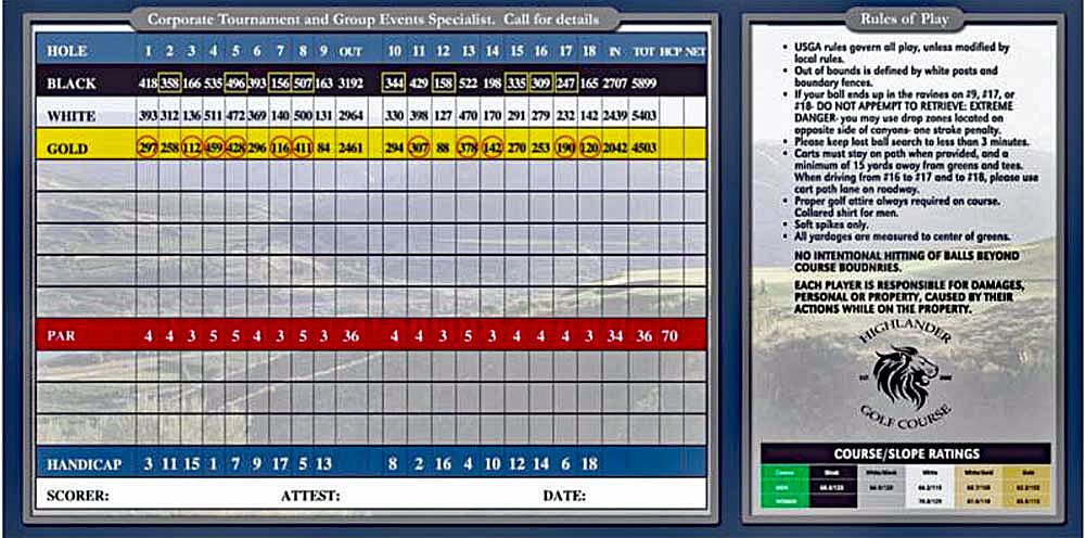 highlander golf course scorecard